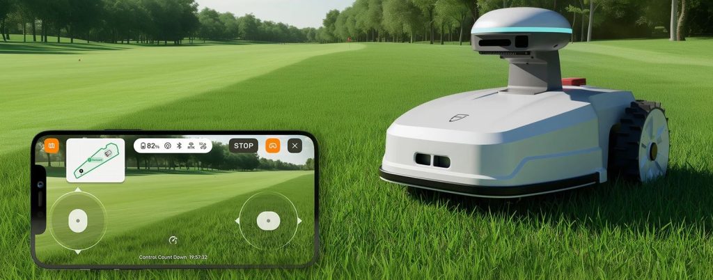 Robotska kosilnica FJD FR4000 z GPS RTK vodenjem na travniku